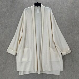 Chicos Kimono Open Long Wool Cardigan Sweater Cream Ivory Knit Pockets Size XL